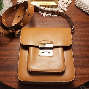 Michael Kors Sloan Editor Crossbody Tan Leather Structured Purse w Gold Hardware
